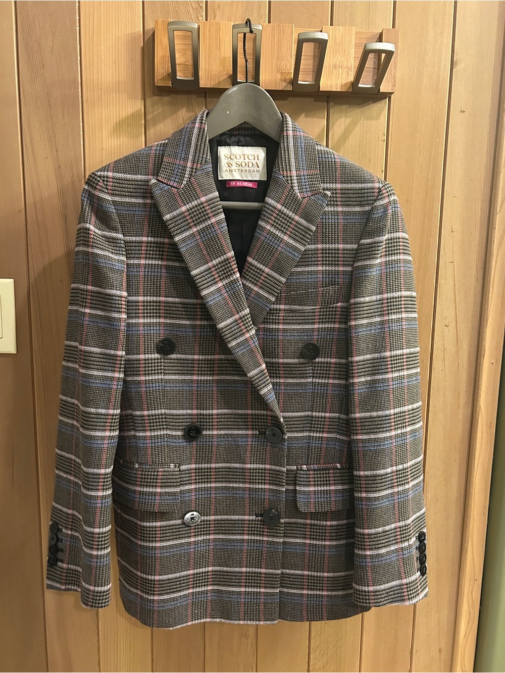 Scotch & Soda Gray Plaid Double-Breasted Blazer with Blue and Pink Accents